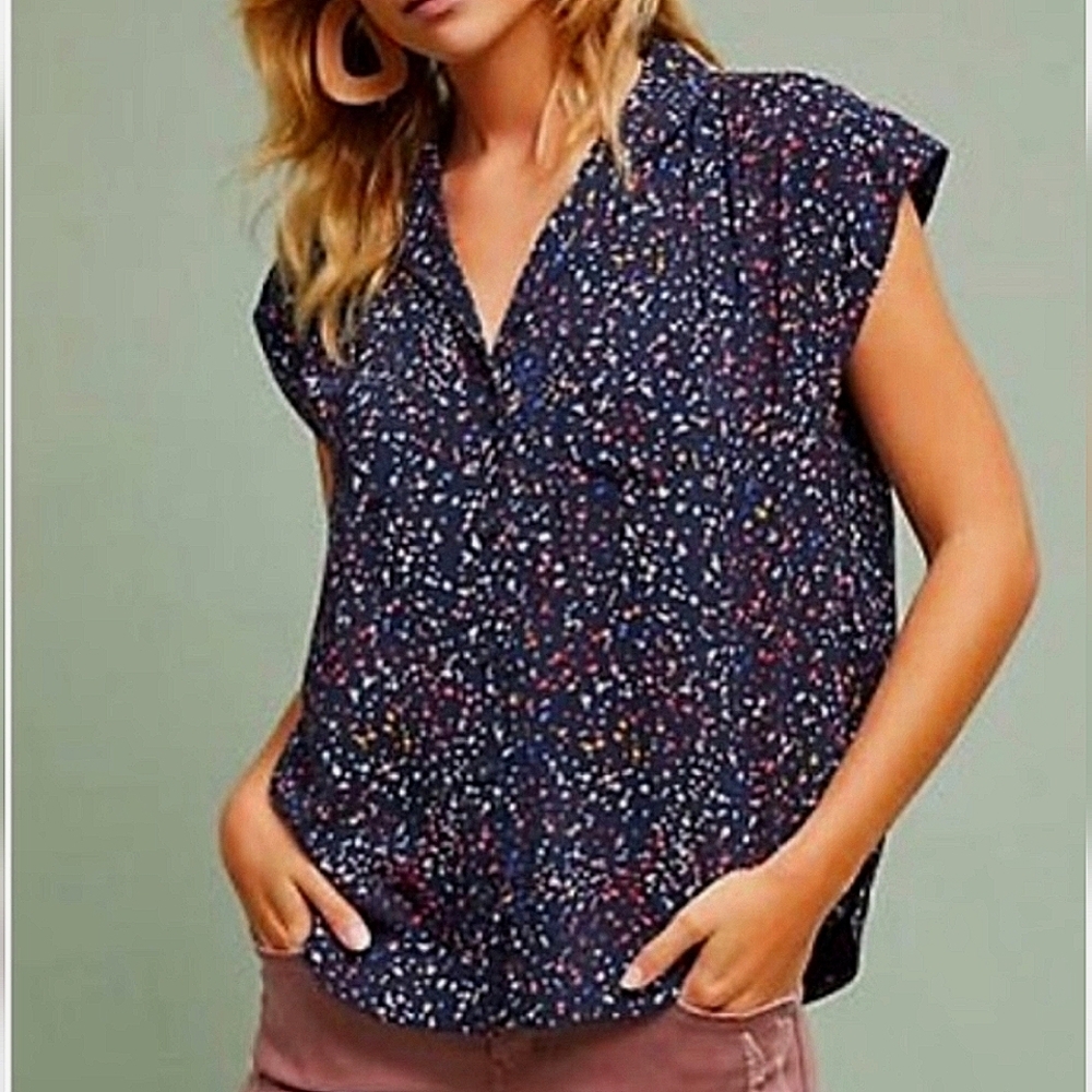 Anthropologie Maeve Navy Confetti Button Up Blouse Size XS